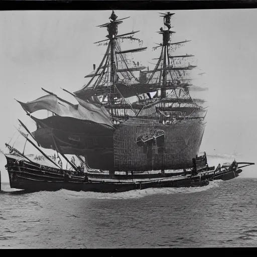 Image similar to an impossibly huge pirate ship. 1910s photograph