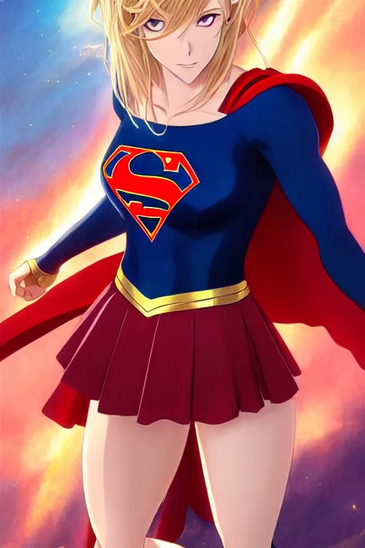 Image similar to anime key visual of a beautiful female supergirl!! intricate, red, blue gold suit, powers, speed, dc comics, cinematic, stunning, highly detailed, digital painting, artstation, smooth, hard focus, illustration, art by artgerm and greg rutkowski and alphonse mucha