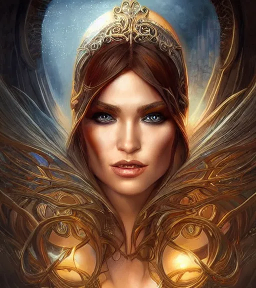 Image similar to a higly detailed full body shot portrait painting of a female sorceress with piercing beautiful eyes, dynamic lighting, ambient lighting, deviantart, art by artgerm and karol bak and mark brooks