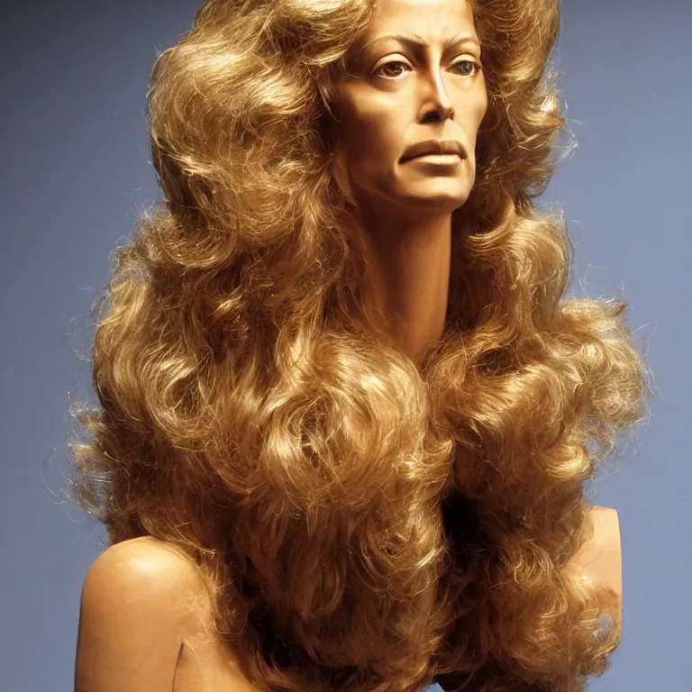 Prompt: studio photograph of colorful postmodern portrait sculpture of farrah fawcett on charlie's angels, beautiful symmetrical!! face accurate face detailed face realistic proportions, made of ink - stained beeswax on a pedestal by ron mueck and matthew barney and greg rutkowski, hyperrealism cinematic lighting shocking detail 8 k