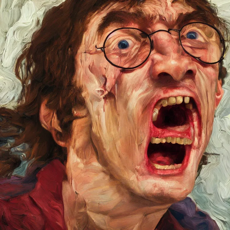 Prompt: warmly lit close up studio portrait of young angry!! screaming John Lennon age 23 furious!, impasto oil painting thick brushstrokes by Lucian Freud and Cy Twombly and Tim Hawkinson , trending on artstation dramatic lighting Expressionism