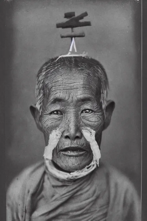 Image similar to ultra realistic vintage photo portrait of a tibetan man with a blank hole cross the head, by Irving Penn