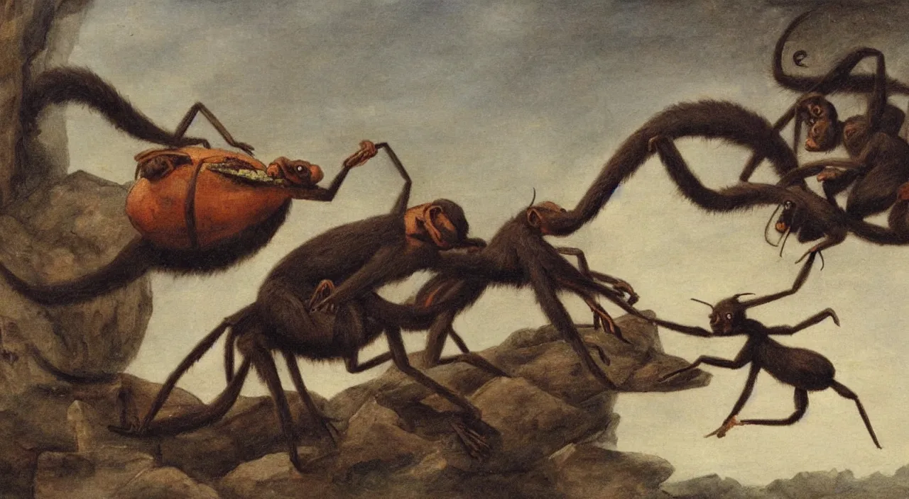 Prompt: a monkey riding a giant ant, by most renowned artist of the romanticism, hiperrealism,