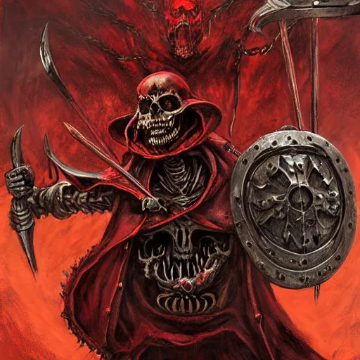 Prompt: skeleton holding a medieval shield and spear, d & d, surrounded by red evil death tentacles, hyper detailed, hyper realistic, dark atmosphere, full body, full frame, art by frank frazetta