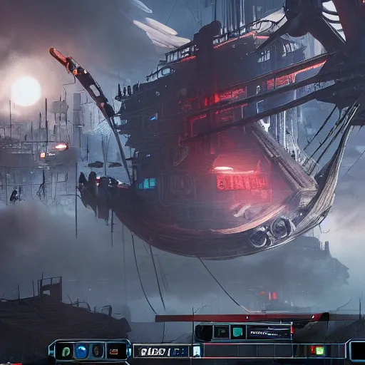 Image similar to i am a cyborg pirate in cyberpunk when visiting frostpunk