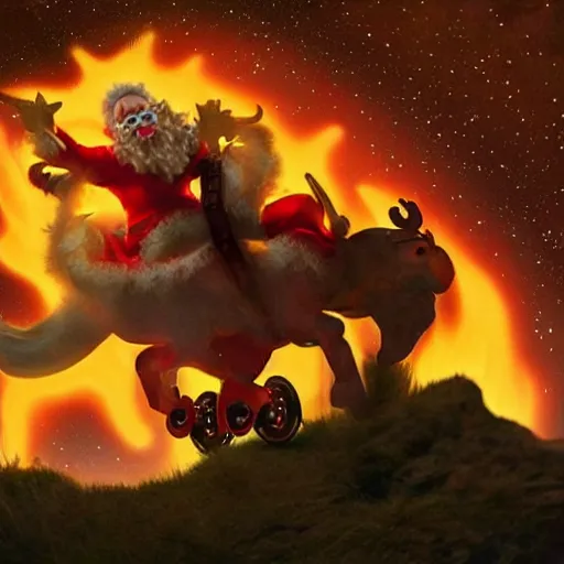 Prompt: evil santa claus rides his fiery chariot through the night sky being led by demonic reindeer