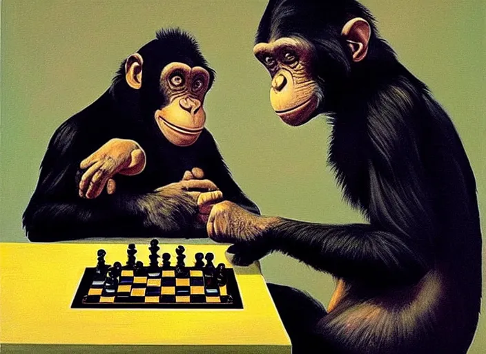 Image similar to a very very beautiful painting of a chimp playing chess in the style of edward hopper