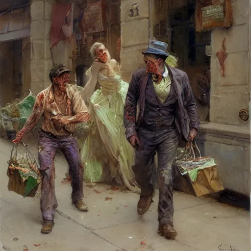 Prompt: a couple of zombies doing weekly shopping and arguing about the milk prices by by gaston bussiere, craig mullins, j. c. leyendecker