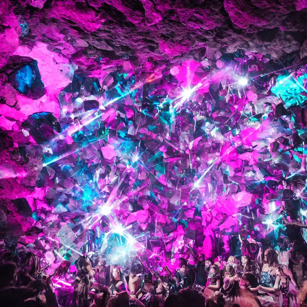 Image similar to goth disco in a cave with pink lasers and blue crystals forming a sphere of knives