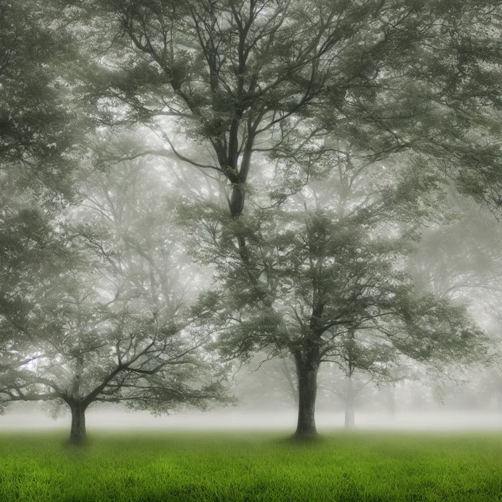 Image similar to A tree growing on a meadow partially covered with morning fog, with leaves divided in four seasons of the year, with tree hollow, with rope ladder, cinematic lighting, photo realistic image, 4K, super detailed, cinematic look