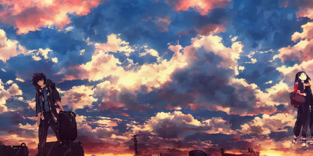 Prompt: fight scene in dramatical murder, high noon, cinematic, very warm colors, intense shadows, layered stratocumulus clouds, anime illustration, anime screenshot composite background