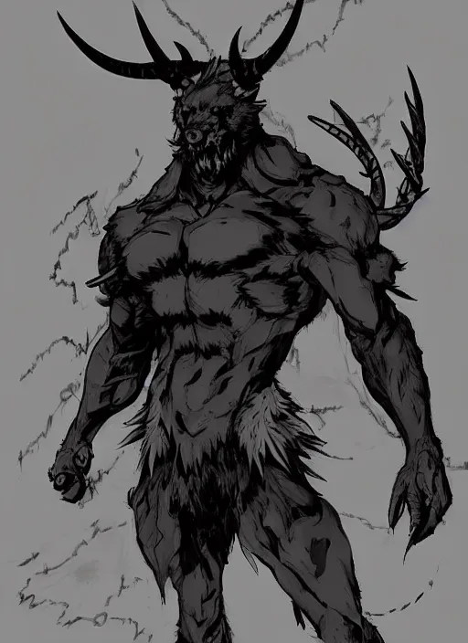 Image similar to Full body portrait of horned bear spirit with sharp claws. In style of Yoji Shinkawa and Hyung-tae Kim, trending on ArtStation, dark fantasy, great composition, concept art, highly detailed.