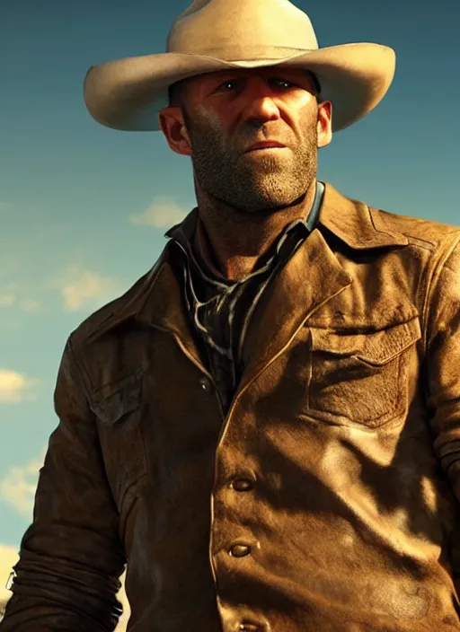 Image similar to an film still of jason statham as cowboy with beard, western background, unreal engine. amazing likeness. very detailed.