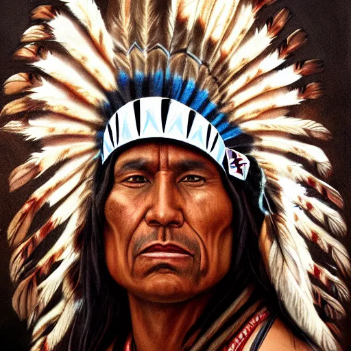 Prompt: painting portrait of a native american wearing a eagle feather headdress, artstation, ultra detailed, tinted brown