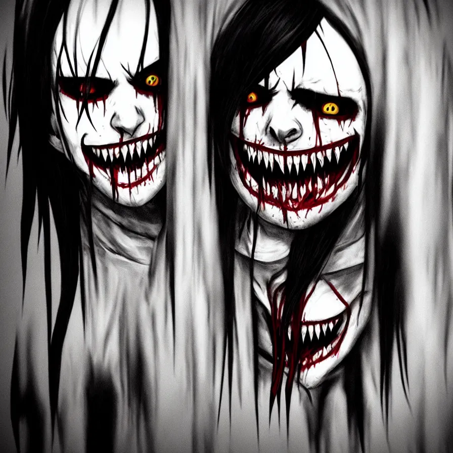 Image similar to jeff the killer sneaking through your window at night with devious intent, his smile is very wide, vivid lighting, highly detailed, hyper realistic, many colors