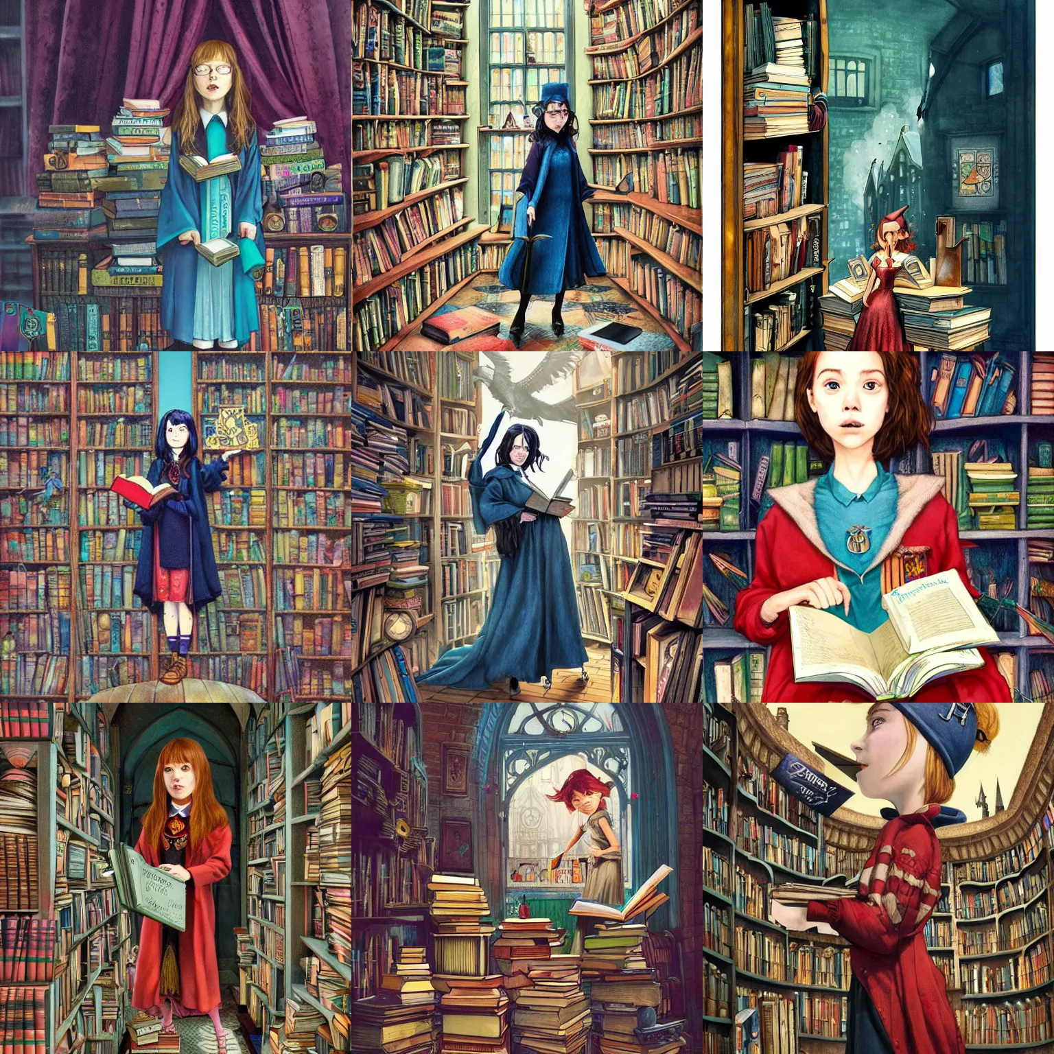 Prompt: Tiffany Aching with books as a ravenclaw in Hogwarts School of Witchcraft and Wizardry, detailed, hyperrealistic, colorful, cinematic lighting, digital art by Paul Kidby, Jonny Duddle and Jim Kay