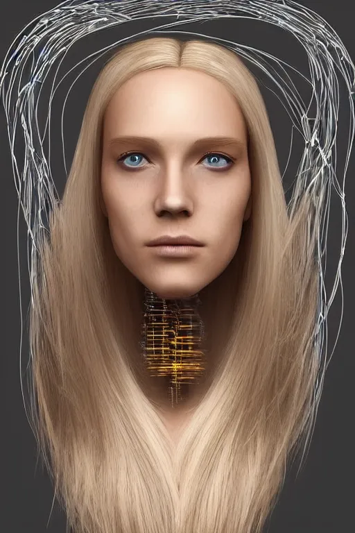 Image similar to robot with human face, female head, full body angle, woman human face, human face realistic, beautiful blonde hair, human head, human head with blonde hair, blonde hair human head, blonde hair, human realistic face, human head skin, cyborg frame concept, cyborg by ales-kotnik, sci-fi android female, the body is made of wires, robotic body, cyborg body, cyborg bust body, robot body cyborg, full body