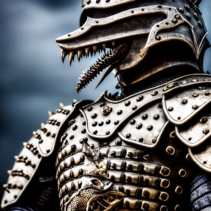 Image similar to photo of a warrior with metal crocodile themed armour, highly detailed, 4 k, hdr, smooth, sharp focus, high resolution, award - winning photo