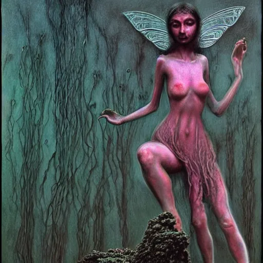 Image similar to a beautiful fairy girl inspired by zdzislaw beksinski, giger, and cam de leon