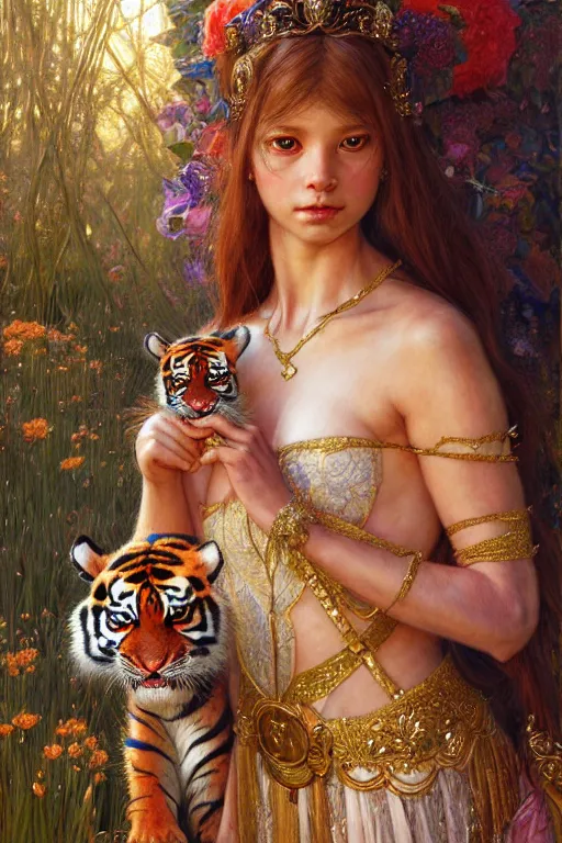 Prompt: highly detailed full shot portrait of a enchanted tiger in the form of a beautiful young princess. d & d, art by donato giancola and ruan jia and carl larsson and magali villeneuve. trending on artstation, intricate details, energetic composition, golden ratio, concept art, illustration, elegant art