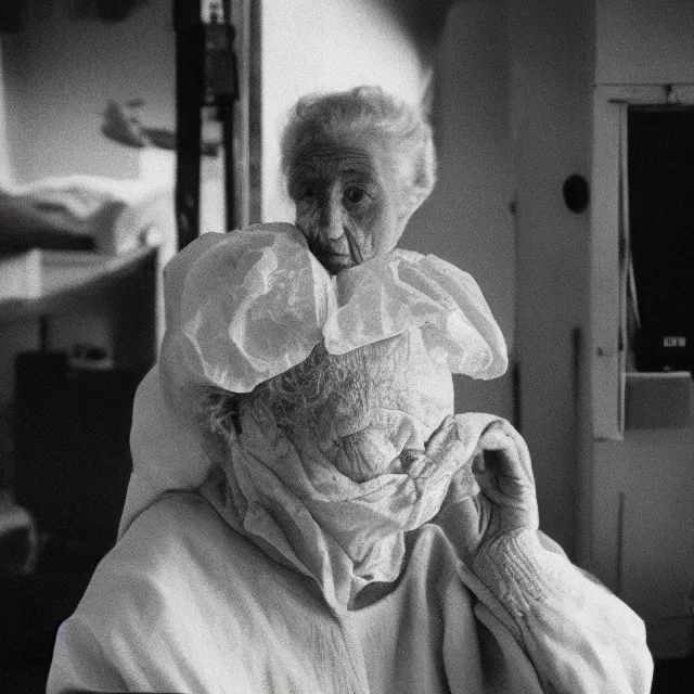 Image similar to an old woman in the center of a clean room, static, centered focus, bleak lighting, obscure, low quality TV video effect, photography, vhs footage