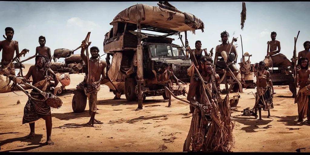 Prompt: sri lankan mad max style, bongo drum players on top of a truck, film still, epic shot cinematography, rule of thirds