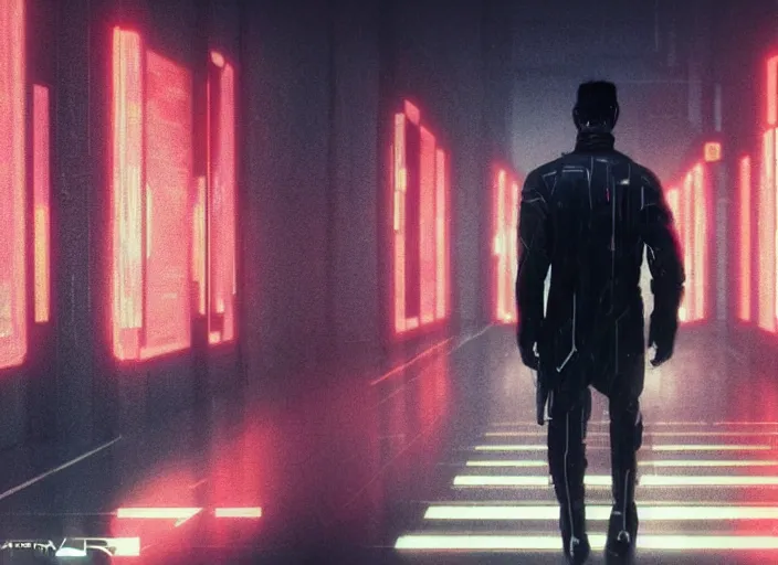 Prompt: man wearing black cyberpunk coat cybernetic hand (emissive red details glowing) metal reflective long fingers spindly creepy pointed, walking down, white marble hallway flooded with dark water. Scene from Bladerunner 2049 (2017) Artstation trending 720p.