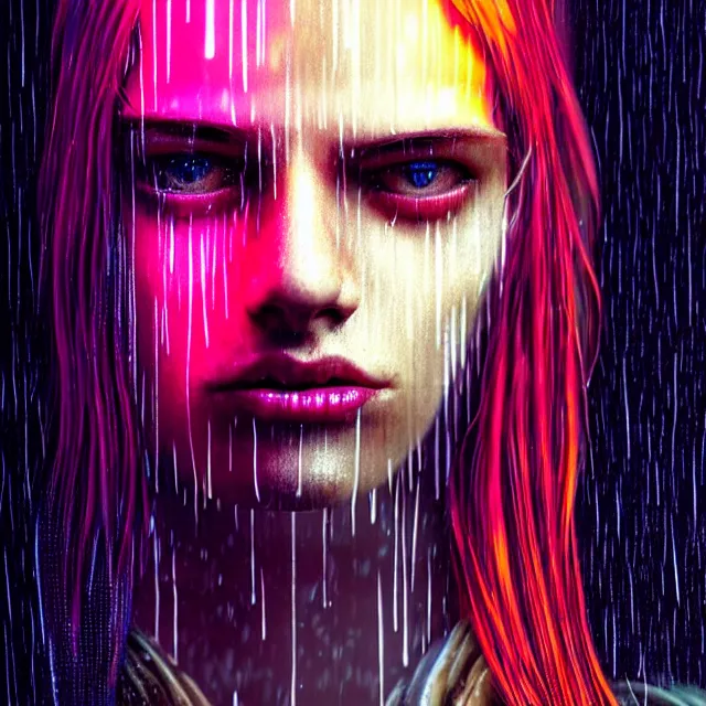 Image similar to bright asthetic portrait LSD glowing backlit rain on face and wet hair, cyberpunk, overhead lighting, fantasy, intricate, elegant, dramatic lighting, highly detailed, lifelike, photorealistic, digital painting, artstation, illustration, concept art, smooth, sharp focus, art by John Collier and Albert Aublet and Krenz Cushart and Artem Demura and Alphonse Mucha