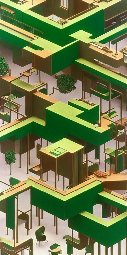 Image similar to huge sprawling gargantuan angular dimension of infinite indoor landscape 7 0 s green velvet and wood with metal office furniture. surrealism, mallsoft, vaporwave. muted colours, 7 0 s office furniture catalogue, shot from above, endless, neverending epic scale by escher and ricardo bofill