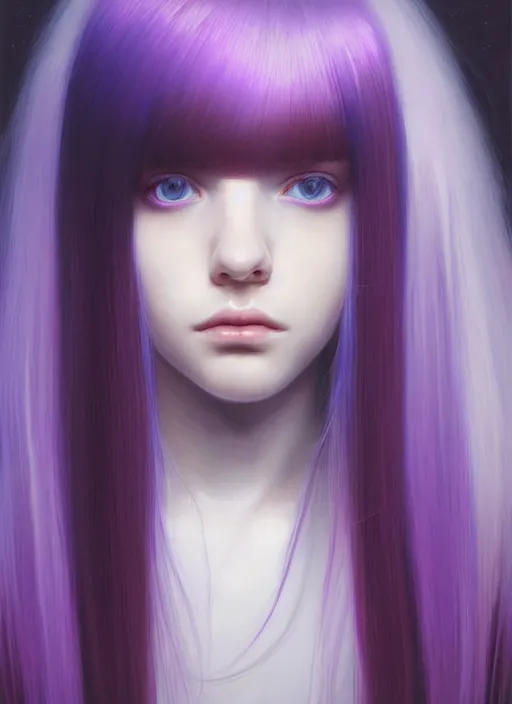 Image similar to hair whitebangs hair, black hair, whitebangs, portrait of teenage girl with white bangs, red irises, purple clothes, white bangs, bangs are different color from hair, intricate, elegant, glowing lights, highly detailed, digital painting, artstation, concept art, smooth, sharp focus, illustration, art by wlop, mars ravelo and greg rutkowski