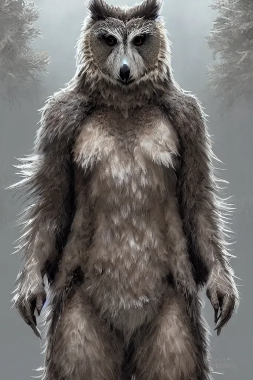 Image similar to a beautiful upper body shot from a fantasy film of a humanoid grey owlbear wearing a loose tunic. an anthropomorphic owlbear. fantasy, frown, intricate, elegant, highly detailed, digital painting, artstation, concept art, matte, sharp focus, illustration, art by artgerm and greg rutkowski and alphonse mucha