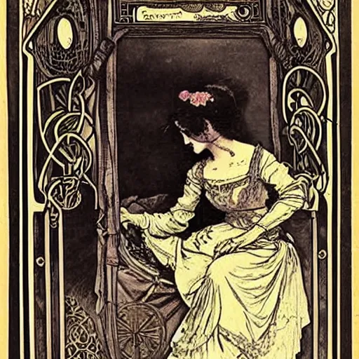 Image similar to Gypsy lady doing tarot card reading inside a gypsy caravan surrounded by cats, art nouveau, 1878, Alphonse Mucha, decorative panels, old paper, soft outline