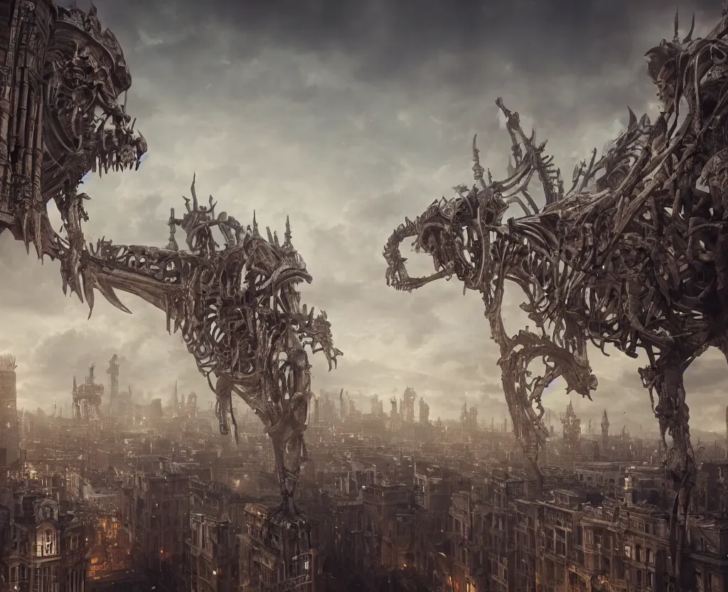 Image similar to a giant skeleton above a victorian city, epic painting, dark fantasy, octane render, extremely detailed