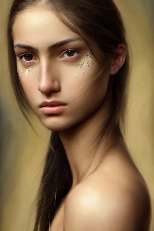 Image similar to a photorealistically painted portrait of an attractive young girl, partially clothed in military battle armor, with an abstractly painted background, flawless olive skin, fair complexion, long dark hair, beautiful bone structure, perfectly symmetric facial features, perfect photorealistic eyes, natural physique, intricate, elegant, digital painting, concept art, finely detailed, beautifully illustrated, sharp focus, minimal artifacts, volumetric lighting, from Halo, by Ruan Jia and Mandy Jurgens and Artgerm and William-Adolphe Bouguerea, in the style of Greg Rutkowski, trending on Artstation, award winning art