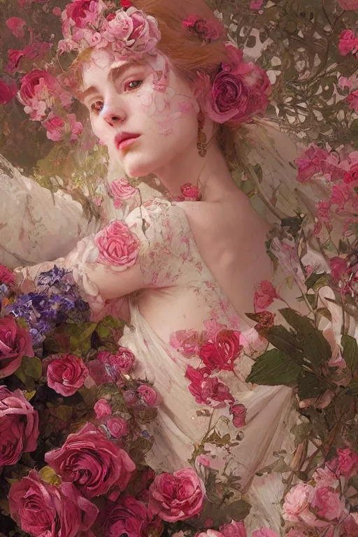 Prompt: an intricate artistic painting of a beautiful wallpaper art pattern made of elegant roses with painterly motives and textures, hyper detailed, octane render, vivid colors, artstation, by jeremy mann, by alphonse mucha