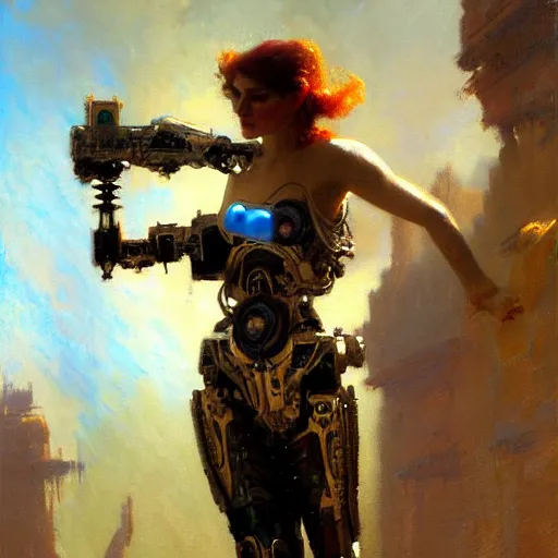 Image similar to Attractive cyborg woman, painting by Gaston Bussiere, Craig Mullins