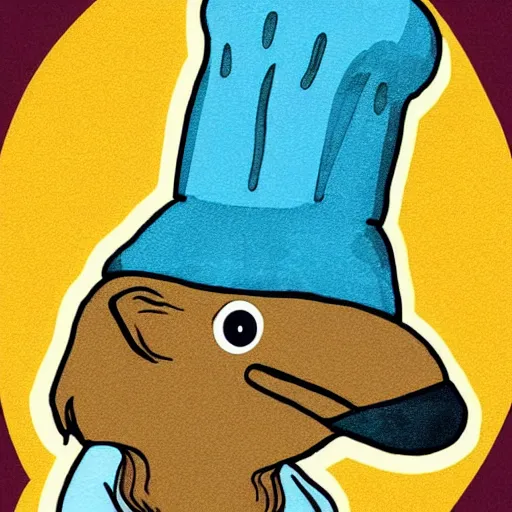 Image similar to cute platypus on a kitchen wearing a chef hat and holding a lasagna into an oven, digital art