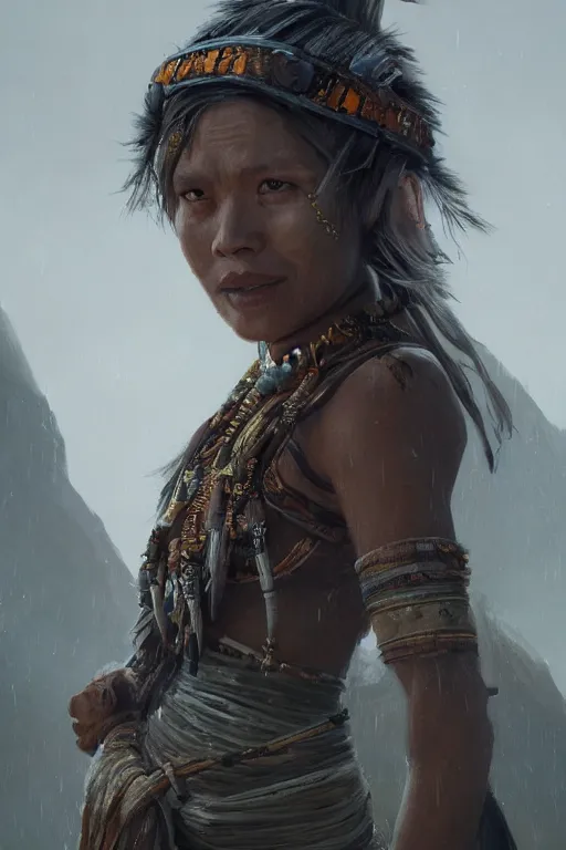 Prompt: a fancy portrait of a tribal women a sci-fi sword by Greg Rutkowski, Sung Choi, Mitchell Mohrhauser, Maciej Kuciara, Johnson Ting, Maxim Verehin, Peter Konig, final fantasy , mythical, 8k photorealistic, cinematic lighting, HD, high details, atmospheric,