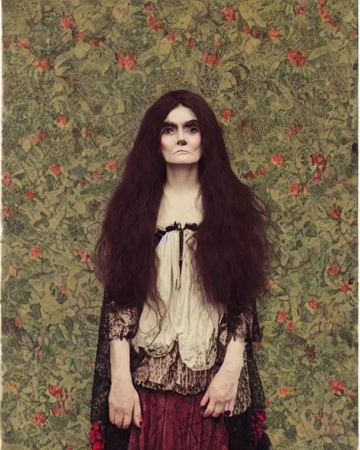 Prompt: a beautiful but sinister girl who looks like shirley henderson in layers of fear, wearing goth lace, with fierce eyes and wild hair, 1 9 7 0 s, seventies, floral wallpaper, delicate embellishments, a little blood, crimson, painterly, offset printing technique, by jules bastien - lepage