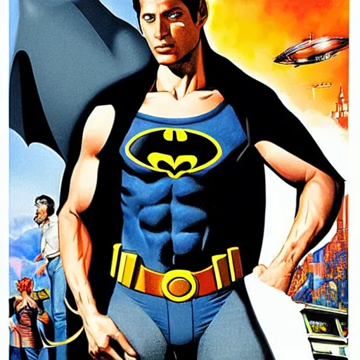 Image similar to young jeff goldblum as bruce wayne, muscular, batman t shirt, movie poster, joe jusko, boris vallejo