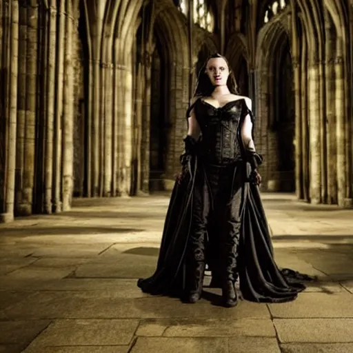 Prompt: emilia clarke as a goth temptress in a gloomy gothic cathedral at night