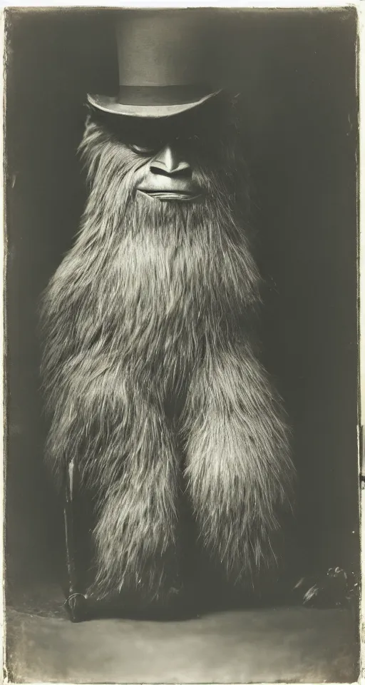 Image similar to a vintage wet plate portrait of a dignified bigfoot with a top hat and cane, extremely detailed, by yousuf karsh!!!!!!!!!!!!!!!!!!