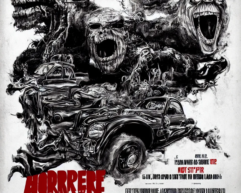 Image similar to a horror movie poster featuring a car monster