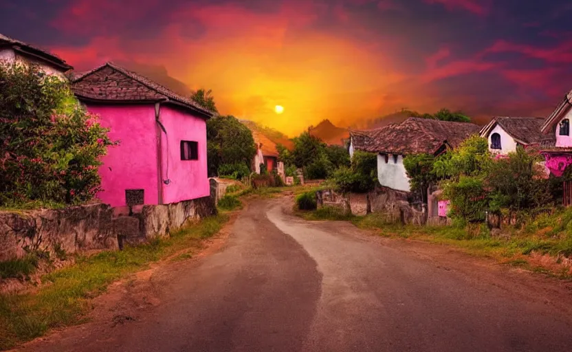 Image similar to village, houses with faces, sunset atmosphere, pink, low contrast, naive, detailed