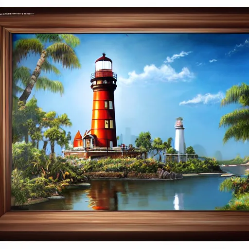 Image similar to painting of universal's islands of adventure lighthouse, universal orlando, artstation