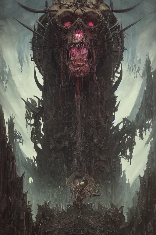 Image similar to evil gigantic demon skeleton lord of death, fantasy painting, ultra realistic, wide angle, art nouveau, intricate details, rainbowshift, vivid colors, highly detailed by peter mohrbacher, h. r. giger, maxfield parrish, gaston bussiere, gustave dore, craig mullins, octane render, cgi