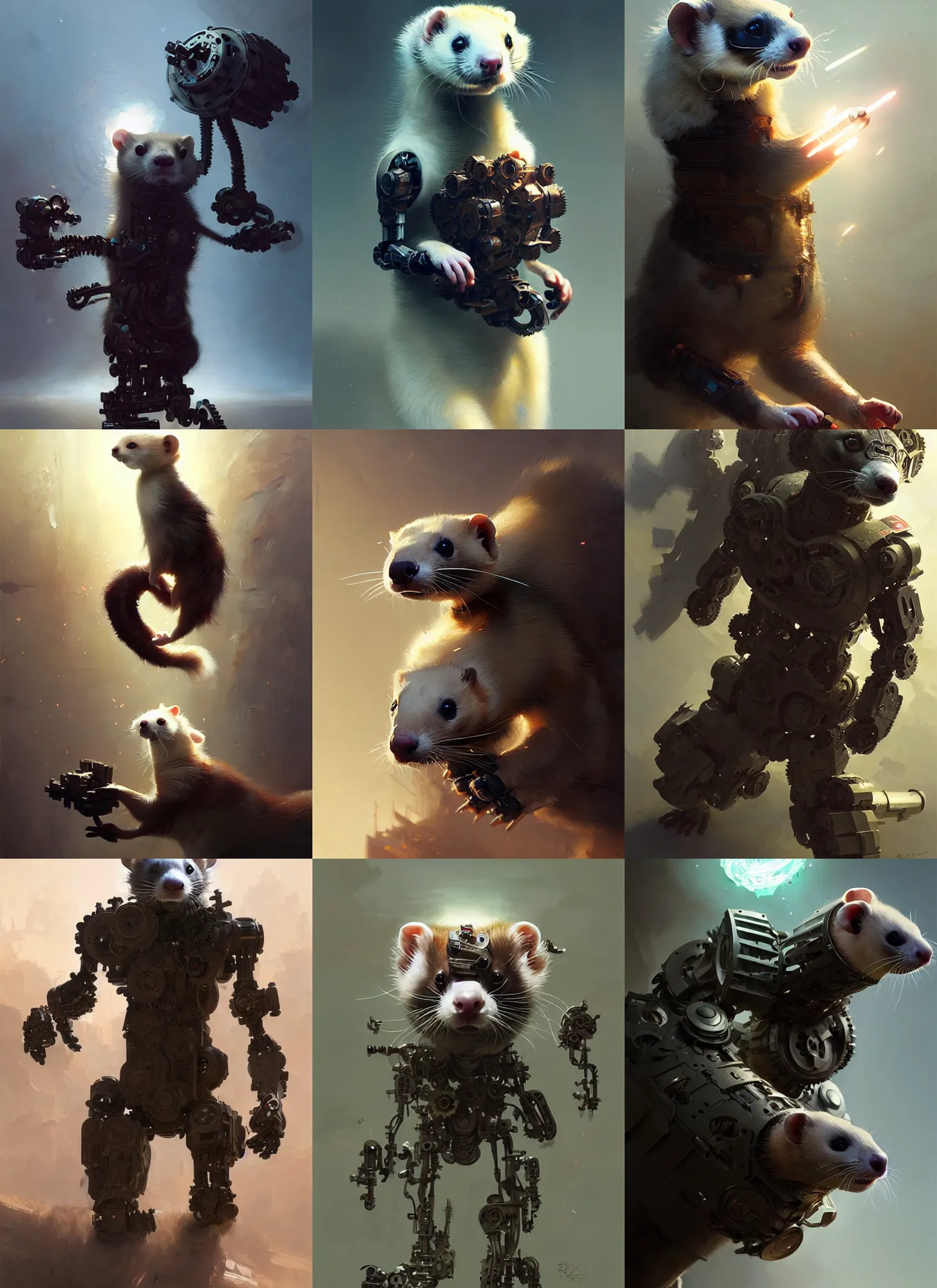 Prompt: full - body ferret made from robotic parts, robotic, gears, intricate, sharp focus, lens flare, bloom, illustration, highly detailed, digital painting, concept art, matte, art by ruan jia and wlop and greg rutkowski, masterpiece