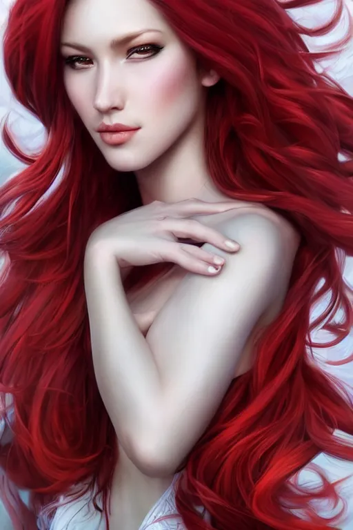 Image similar to a gorgeous female with long red hair in the style of stefan kostic, realistic, full body, sharp focus, 8 k high definition, insanely detailed, intricate, elegant, art by stanley lau and artgerm