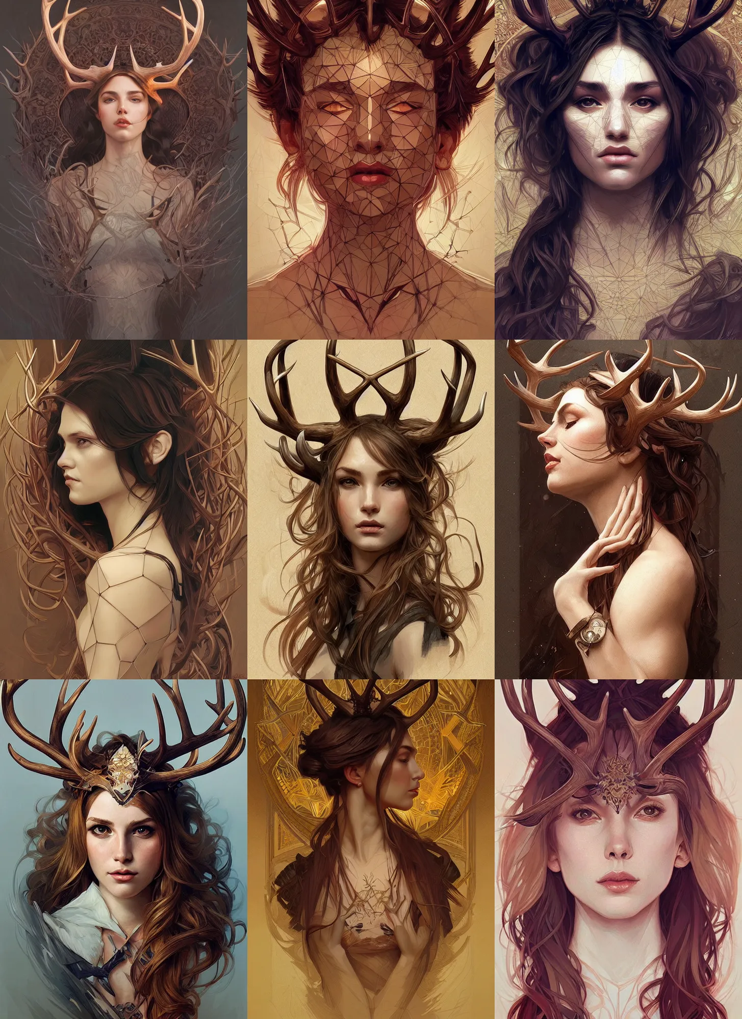 Prompt: Geometric Portrait with antlers, intricate, elegant, highly detailed, digital painting, artstation, concept art, smooth, sharp focus, illustration, art by artgerm and greg rutkowski and alphonse mucha