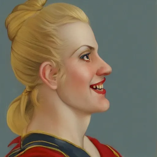 Prompt: a happy smiling loving blond beautiful pirate captain gazing into the horizon in the style of mary jane ansell.